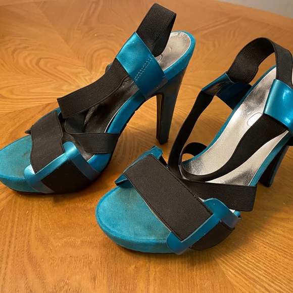 Jessica Simpson Black & Teal Metallic Platform Heels Size 6-6.5 - Picture 3 of 12